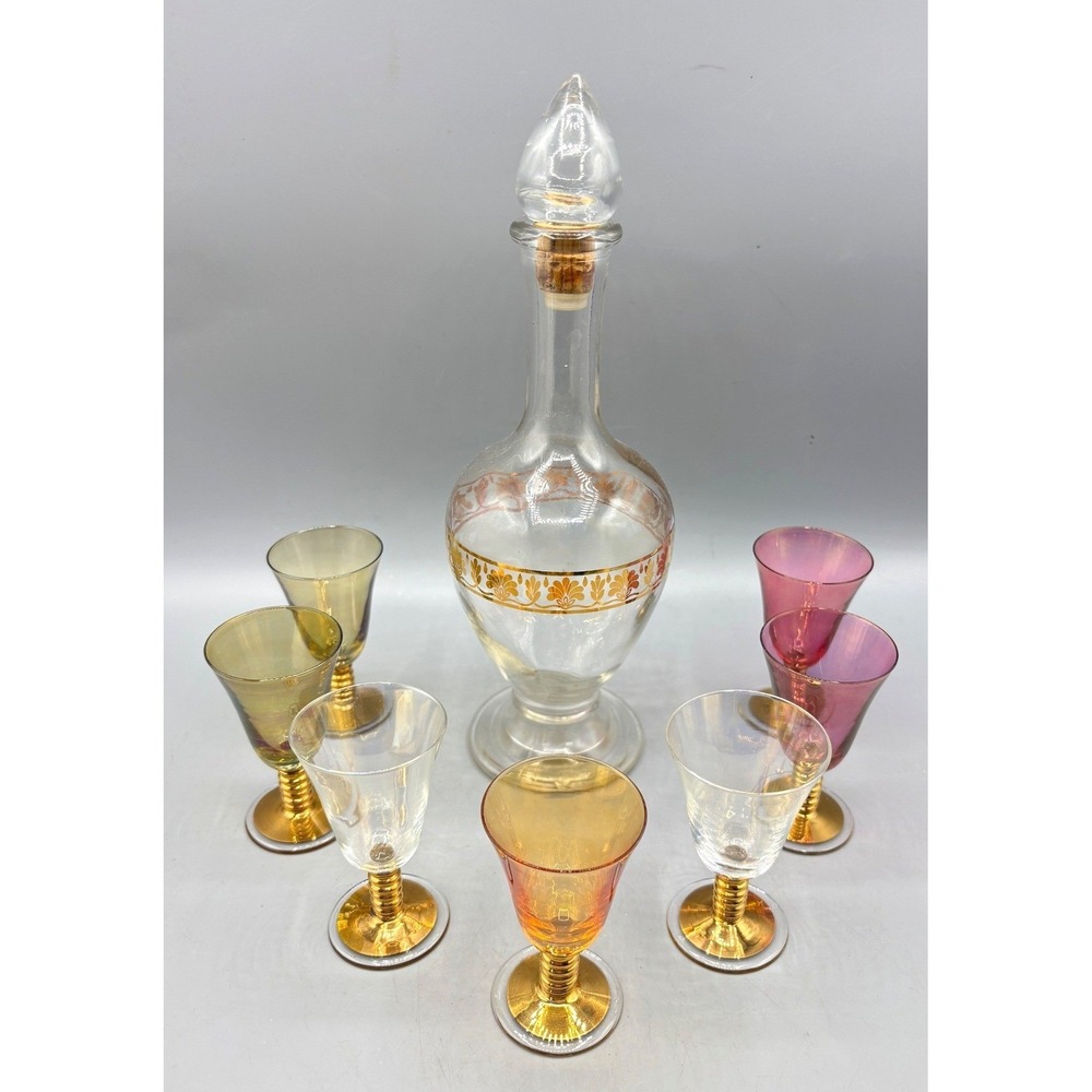 Vintage Glass Decanter Set with 6 Multi-Color Iridescent Gold Cordial Glasses